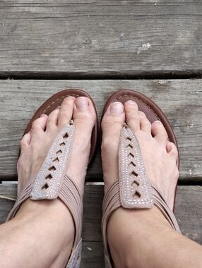 Massimo Taupe Rhinestone T-Strap Sandals